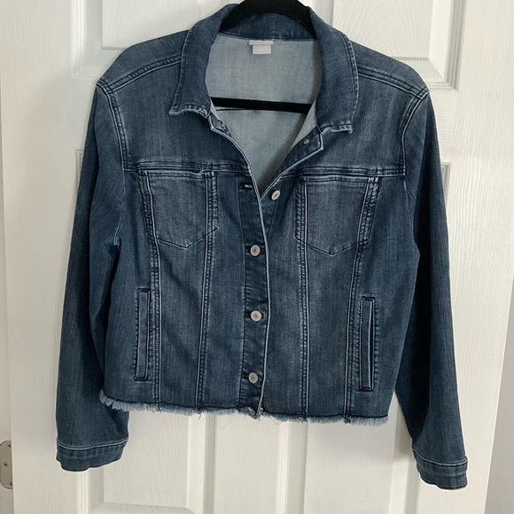 Chico's Jackets & Blazers - Chico’s Blue Denim Cropped Frayed Hem Button Front-Pockets Jean Jacket Size L